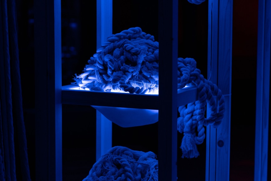 Afra Al Dhaheri, D-constructing Collective Exhaustion, 2024, Light, rope, sound, wood, Dimensions variable