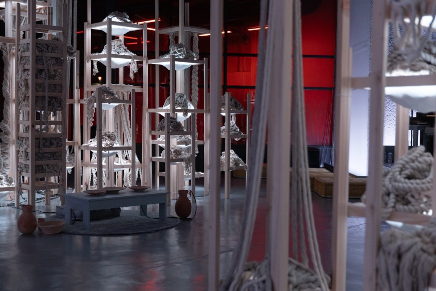 Afra Al Dhaheri, D-constructing Collective Exhaustion, 2024, Light, rope, sound, wood, Dimensions variable