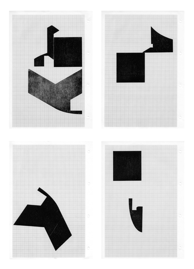 Seher Shah, Hewn set III, 2014, 4 woodcuts on A4 grid paper, 29.7 x 21 cm (each)
