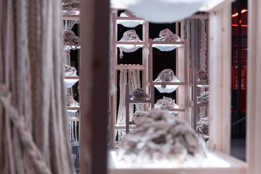 Afra Al Dhaheri, D-constructing Collective Exhaustion, 2024, Light, rope, sound, wood, Dimensions variable