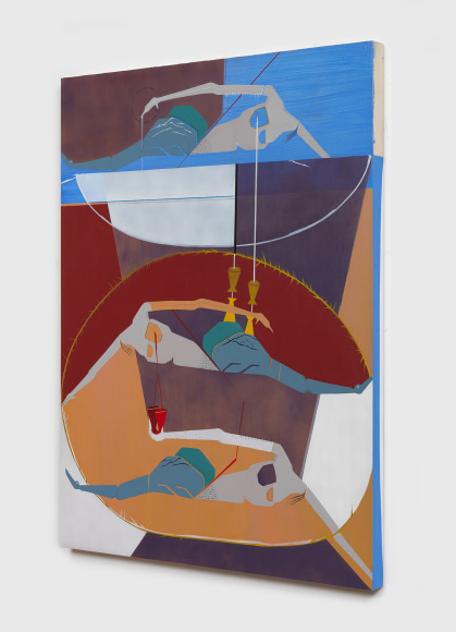 Maryam Hoseini, Strangers From Right to Left #1, 2019, Acrylic, ink and pencil on wood panel, 100 x 76 cm