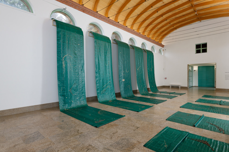 Hera&nbsp;B&uuml;y&uuml;ktaşcıyan, Defending Ancient Waters, 2023, Installation, Geotextile, tree barks, 150 x 800 cm per each piece