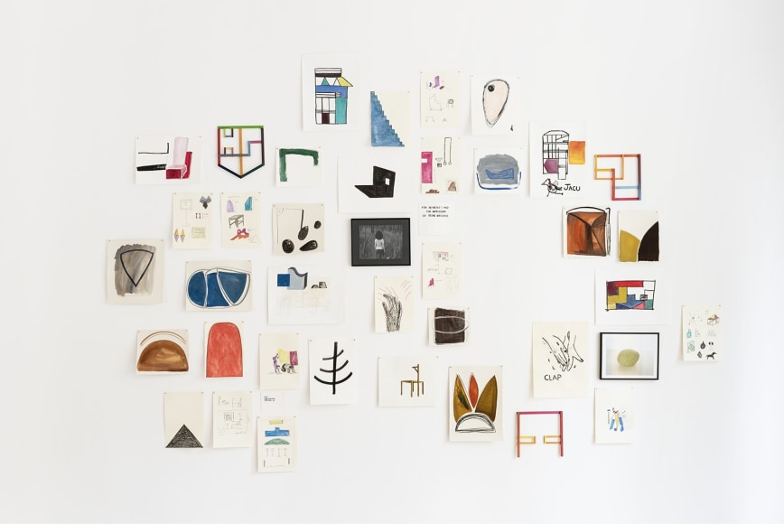 Ana Mazzei,&nbsp;Sans titre, 2018, Wood, painted wood, iron, felt, tempera on linen, acrylic on linen, Dimensions variable