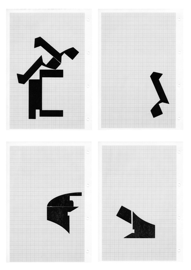 Seher Shah, Hewn set IV, 2014, 4 woodcuts on A4 grid paper, 29.7 x 21 cm (each)