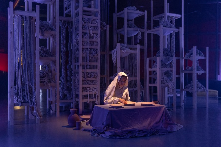 Afra Al Dhaheri, D-constructing Collective Exhaustion (Performance), 2024, Light, rope, sound, wood, Dimensions variable