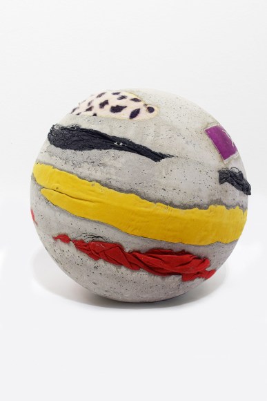 Rossella Biscotti, A shirt, blue pants, blue jean, a towel, 2020, Concrete, various used textile, 45 cm (diameter)