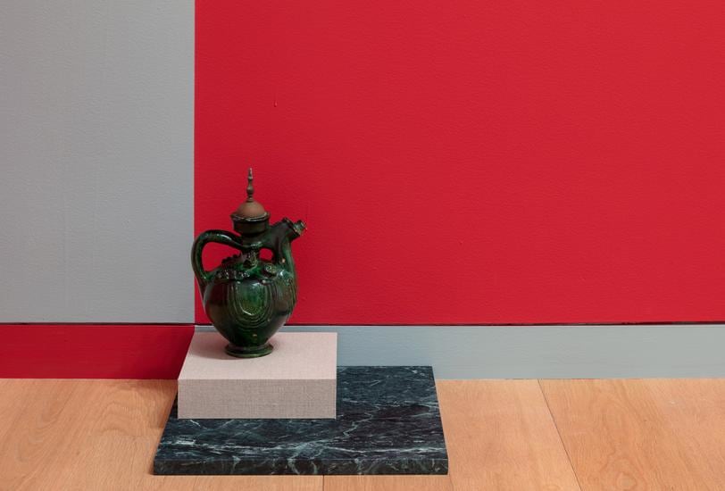 Kamrooz Aram, Green Memorial, 2017, Green marble, linen on mdf, ceramic, brass