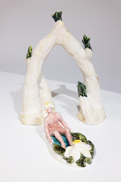 Dorsa Asadi, Nargis(narcissus) stares at the blooming Sugarman while passing the heaven&rsquo;s door, 2023, Ceramics, Composed of two pieces