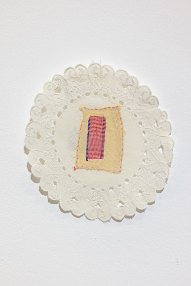 Majd Abdel Hamid, Burj (Tower) III, 2020-ongoing, Cross-stitch embroidery, cotton thread on table cloth, 30 x 29 cm