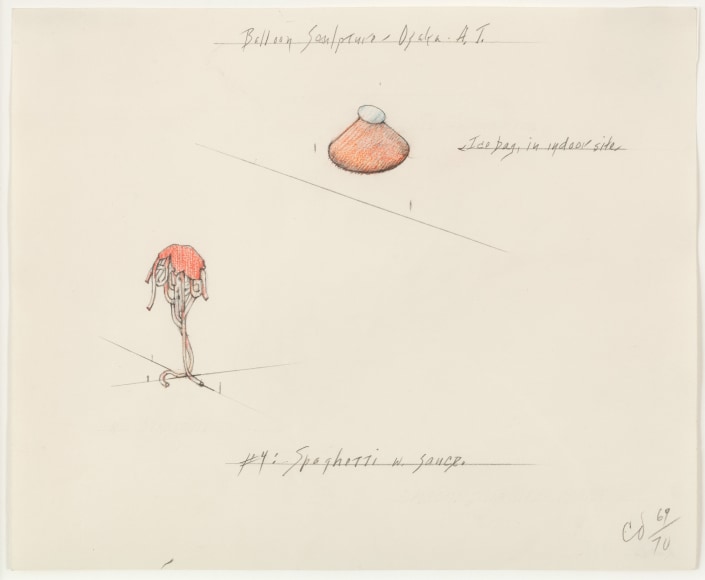 Claes Oldenburg Proposal for a Giant Balloon in the Form of Spaghetti with Sauce &ndash; Shown in Relation to the Giant Ice Bag, 1969-70 graphite and colored pencil on paper 8 x 9 11/16 in. (20.3 x 24.6 cm) frame: 14 7/8 x 16 1/4 in. (37.8 x 41.3 cm)