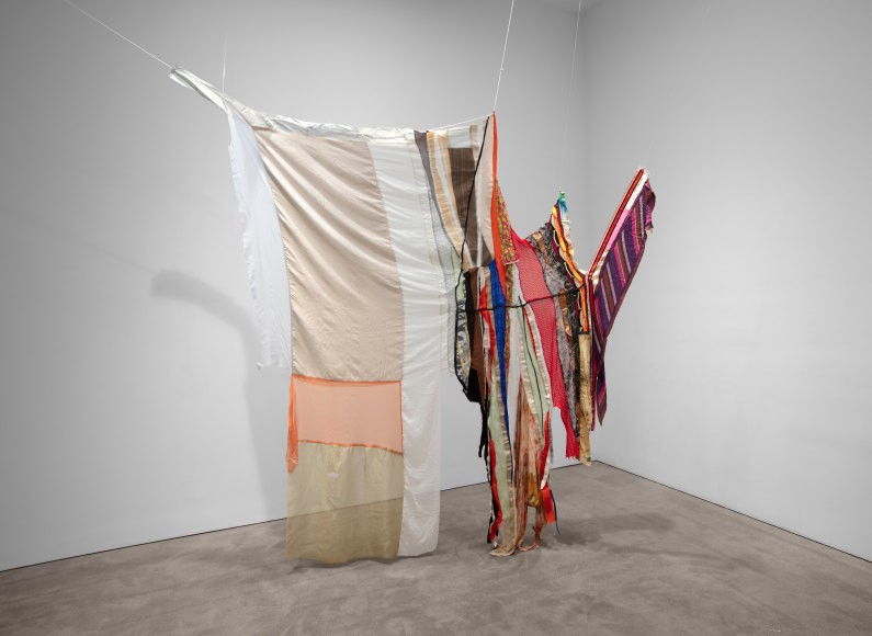 Installation view of Eric N. Mack's Modern Comfort, 2019 fabric, thread, pins and rope 113 1/2 x 100 x 26 in. (288.3 x 254 x 66 cm)