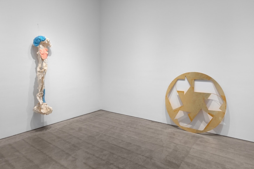 Installation view, Lynda Benglis, Eric N. Mack, Kelley Walker, Paula Cooper Gallery, New York, NY, September 8 &ndash; October 10, 2020.