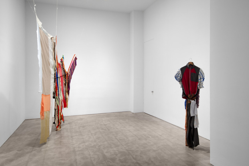 Installation view, Lynda Benglis, Eric N. Mack, Kelley Walker, Paula Cooper Gallery, New York, NY, September 8 &ndash; October 10, 2020.