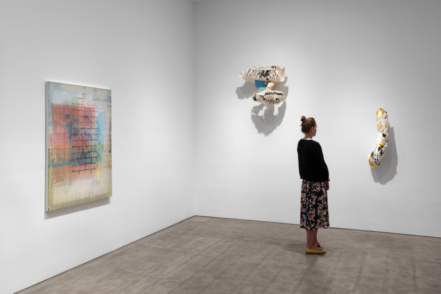 Installation view, Lynda Benglis, Eric N. Mack, Kelley Walker, Paula Cooper Gallery, New York, NY, September 8 &ndash; October 10, 2020.