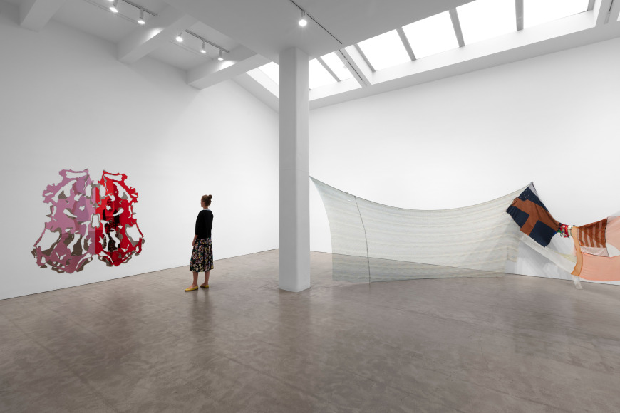 Installation view, Lynda Benglis, Eric N. Mack, Kelley Walker, Paula Cooper Gallery, New York, NY, September 8 &ndash; October 10, 2020.