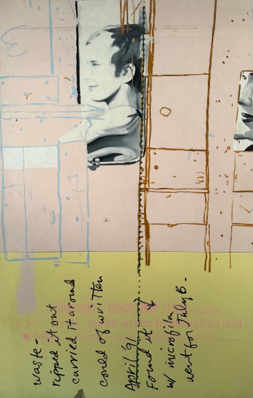 LES ROGERS  Could Have Written, 1996  Oil, enamel, acrylic, silkscreen ink and spray enamel on birch plywood  72h x 48w x 1/2d in