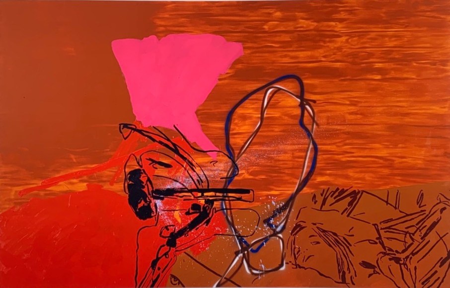 LES ROGERS  Understaged, 2001  Oil and spray enamel on canvas  84h x 132w x 1 1/4d in