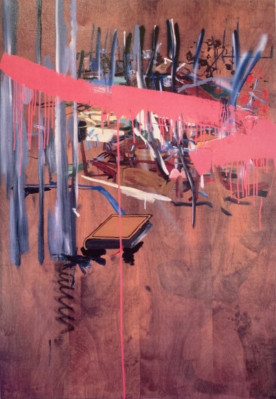 LES ROGERS  Child's Brain Now, 1996  Oil, enamel, spray enamel and stain on birch plywood  69h x 48w x 1/2d in  Collection Harald Falkenberg