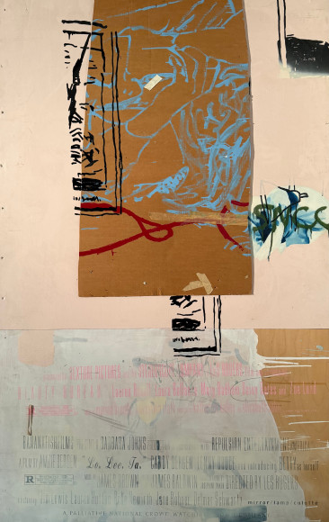 LES ROGERS  Giving Vote, 1996  Oil, enamel, acrylic, silkscreen ink, cardboard and spray enamel on birch plywood  72h x 48w x 1/2d in