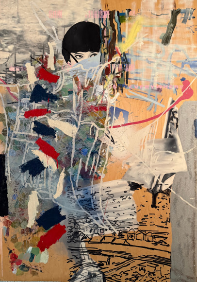 LES ROGERS  Drive Innocent and Not, 1995  Oil, glitter, spray enamel and enamel on birch plywood  69h x 48w x 1/2d in