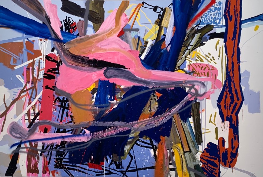 LES ROGERS  Third Try, 2001  Oil, acrylic and spray enamel on canvas  72h x 108w x 1 1/4d in