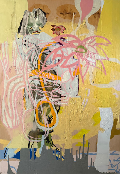 LES ROGERS  Ends With A, 1997  Enamel, oil, paper, acrylic, hardware, masonite on birch plywood  69h x 48w x 1/2d in