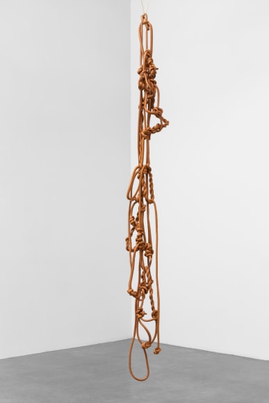 leonor antunes.&nbsp;random intersections #24, 2021, leather, cotton rope, nylon yarn&nbsp;