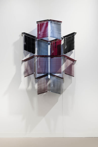 haegue yang a&nbsp;matter of fact (from dan) &ndash; crimson ascending unfold, 2025 aluminum venetian blinds, powder-coated aluminum and stainless-steel hanging structure, powder-coated stainless steel wall rails, led tubes, cable. photo: mark blower&nbsp;