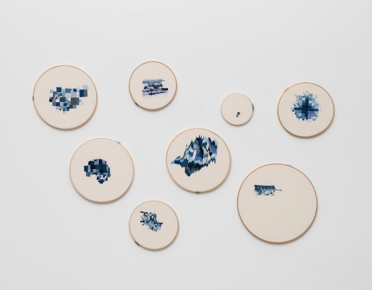 dami&aacute;n ortega: score / map: eight days of one to eight hours, 2012, set of 8. cotton thread on linen, hand embroidery by dami&aacute;n ortega., 
