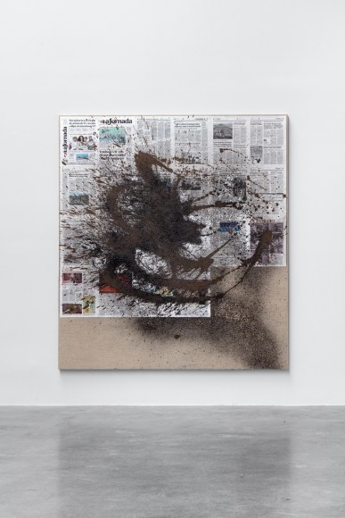 rirkrit tiravanija. untitled, 2022 (february 16, 2021). mezcal, clay with acrylic and ashes on newspaper on linen