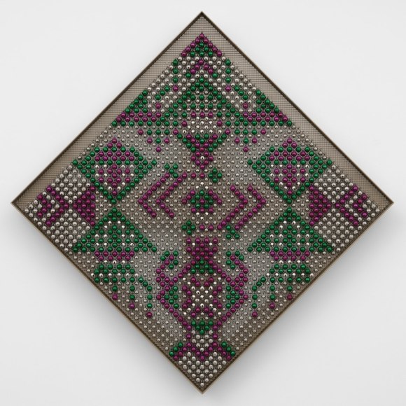 haegue yang. sonic rotating geometry type f &ndash; tricolor #70, 2023. powder-coated stainless steel frame, powder-coated mesh, ball bearing, pow- der-coated stainless steel bells, stainless steel bells, split rings