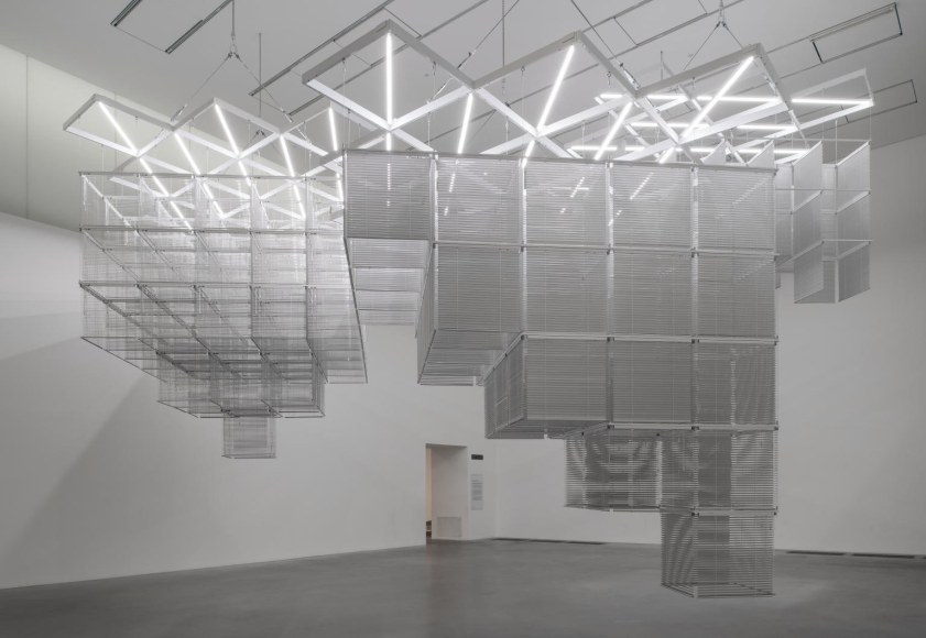 haegue yang, installation view of sol lewitt upside down &ndash; structure with three towers, expanded 23 times, split in three, materials and objects, tate modern, london, 2021