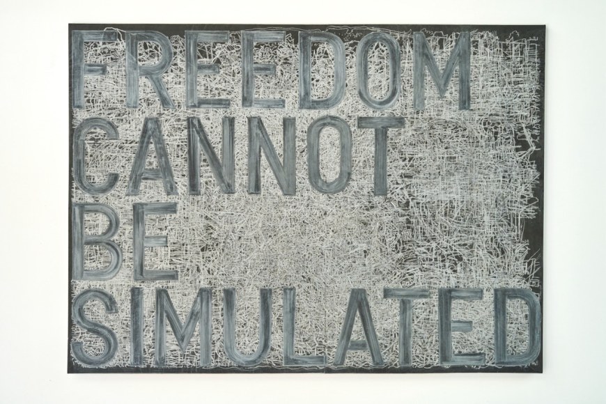 rirkrit tiravanija untitled 2014&nbsp; (freedom cannot be simulated), 2014, hite chalk on Black oil painting on canvas