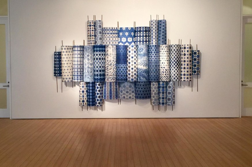 Seep relief printing on hand folded and dyed Japanese paper, bamboo