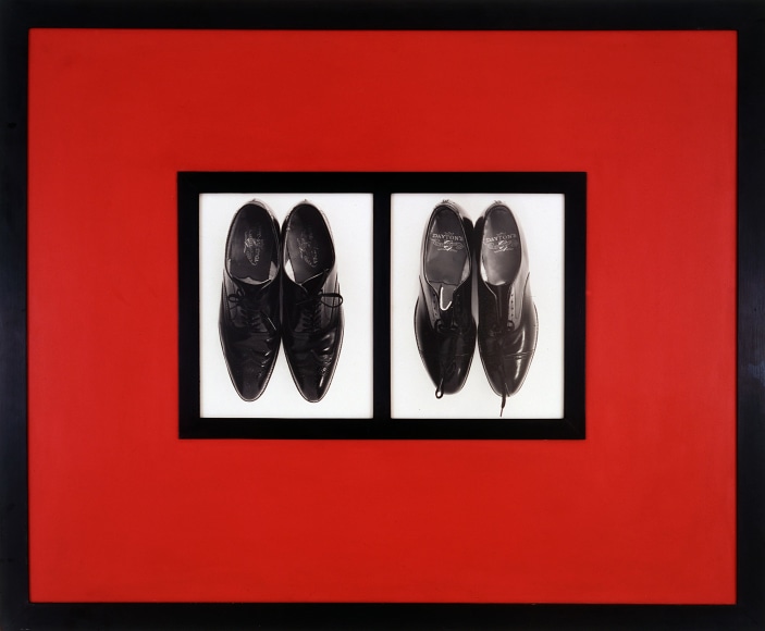 Two side-by-side pictures of black patent leather mens dress shoes with black borders and framed in a black frame with a red mat.