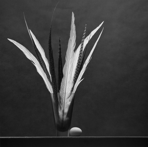 Feathers in large glass on table next to a single egg.