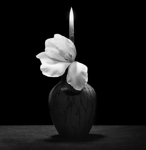 A tulip peeking out of a grey vase with a small knife extending upward out of the vase behind it.