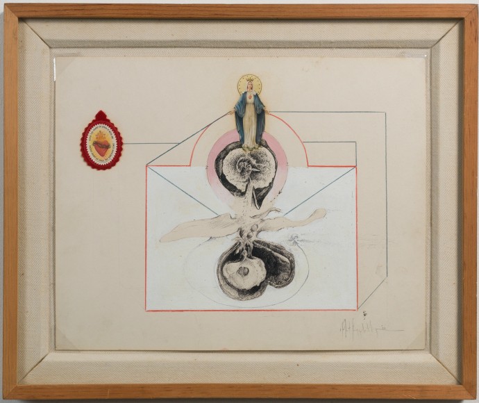 Collage with geometric lines and an image of the Virgin Mary in a wood frame.