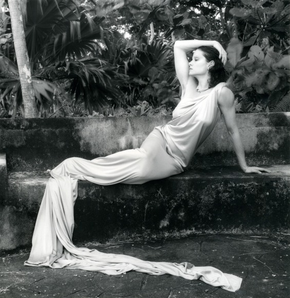 Lisa Lyon reclining in long dress.