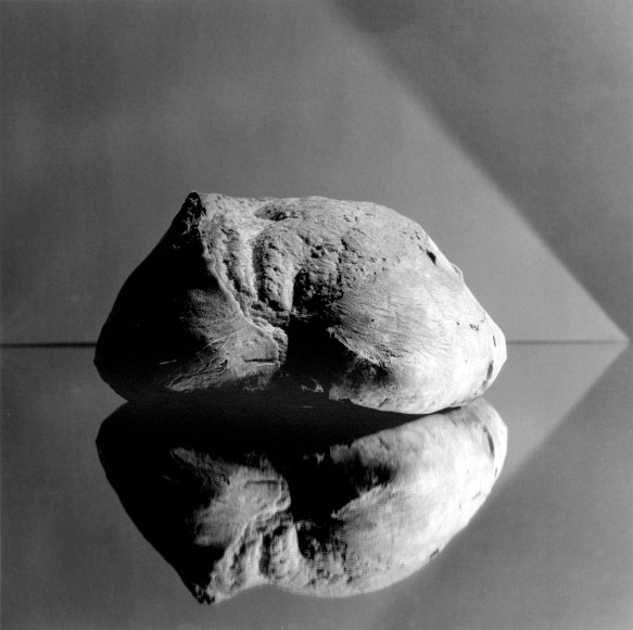 Bread against gray backdrop.