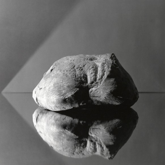 Bread against gray backdrop.