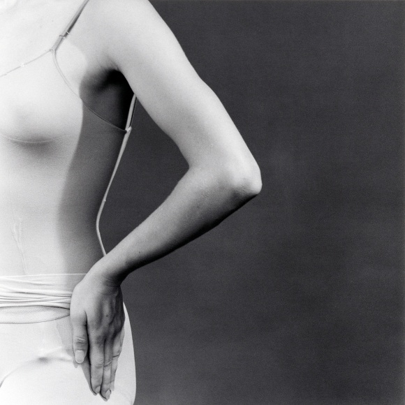 Dancer in leotard and tights, side and arm on hip visible.