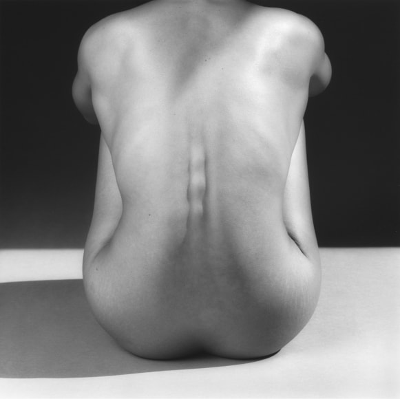 Nude woman sitting from behind, back bent, cropped at shoulders.