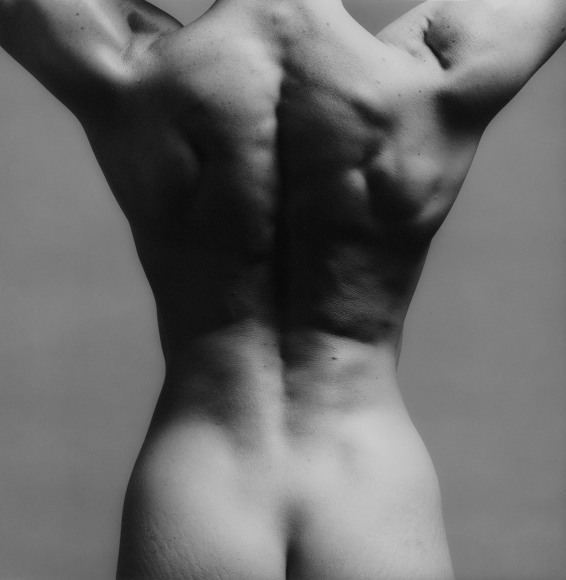 Back view of muscular woman's back and buttocks, with her arms raised upward and back muscles flexed, cropped at the neck and hips.