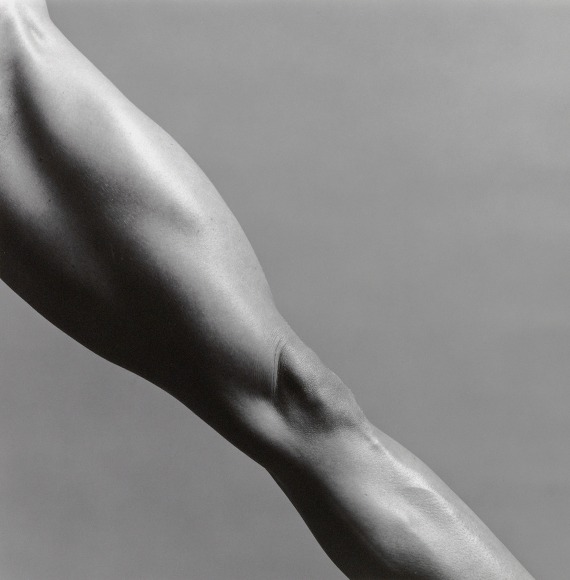 Lisa Lyon's leg at a diagonal.