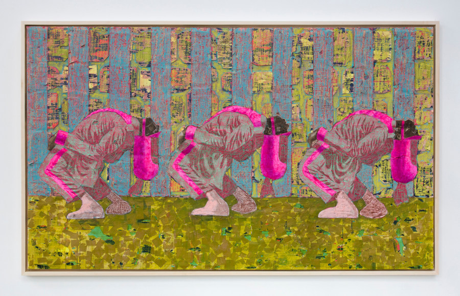 Three Bend Deep, 2019, Acrylic, charcoal, oil pastel&nbsp;and foil on newspaper mounted on canvas