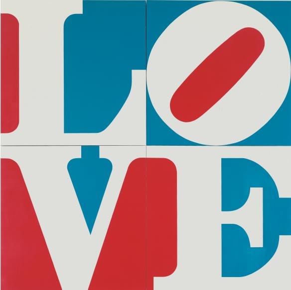 The Great American LOVE, a 144 inch square painting consisting of four panels spelling LOVE, each consisting of an individual letter in white against a red and blue ground.  The top left panel if the letter L, the top right panel the tilted letter O, the bottom left panel the letter V, and the bottom right panel the letter E.