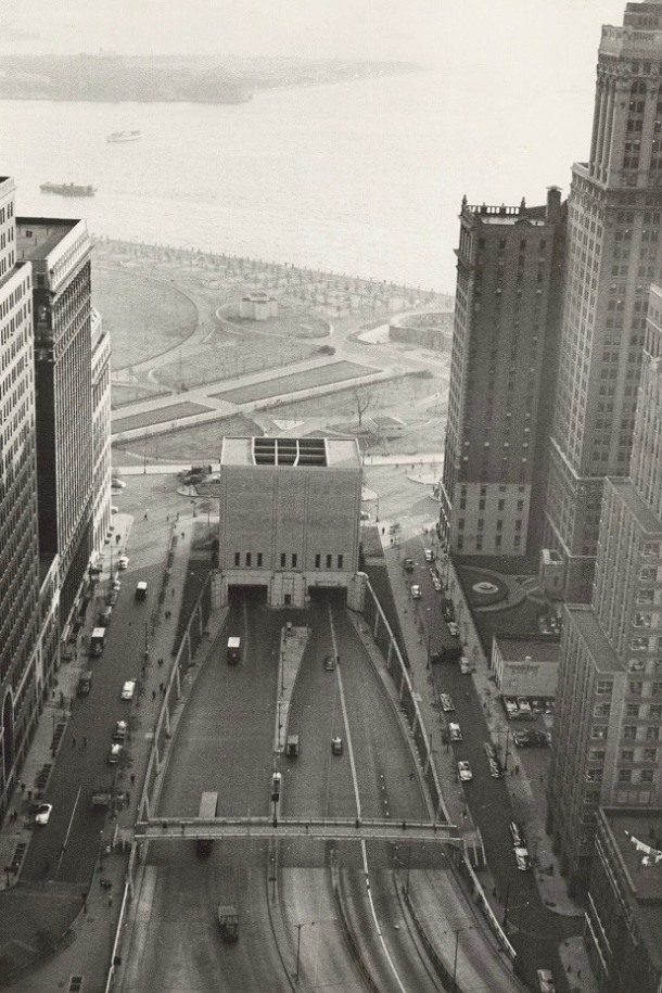 Aerial view of the Brooklyn-Battery Tunnel entrance and Battery Park, Manhattan, New York City, November 1953, &nbsp;