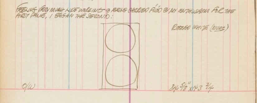 Detail from Indiana's journal page for April 8, 1959 with a sketch of Two Golden Orbs