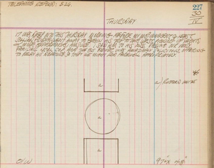 Excerpt from Robert Indiana's journal page for April 30, 1959 including a sketch of One Golden Orb